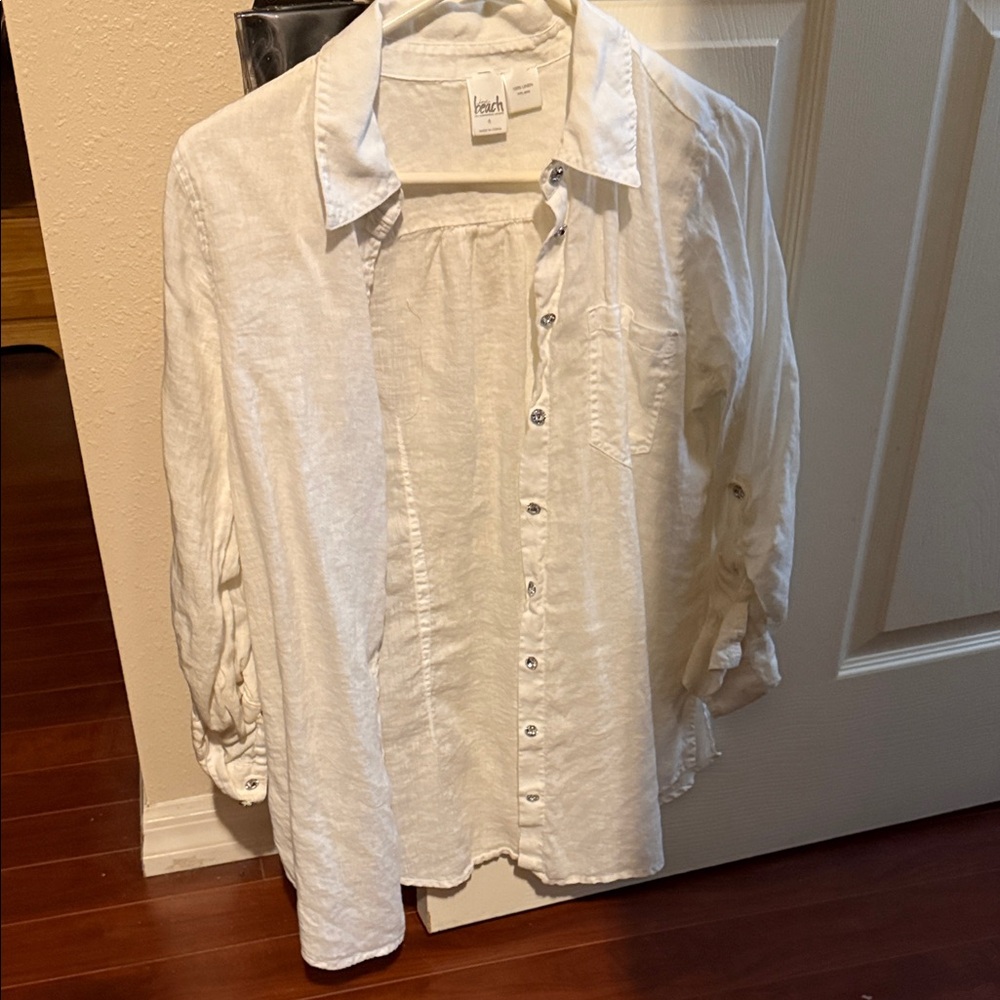 INC BEACH White Linen Button-Up Shirt with rhinestone buttons